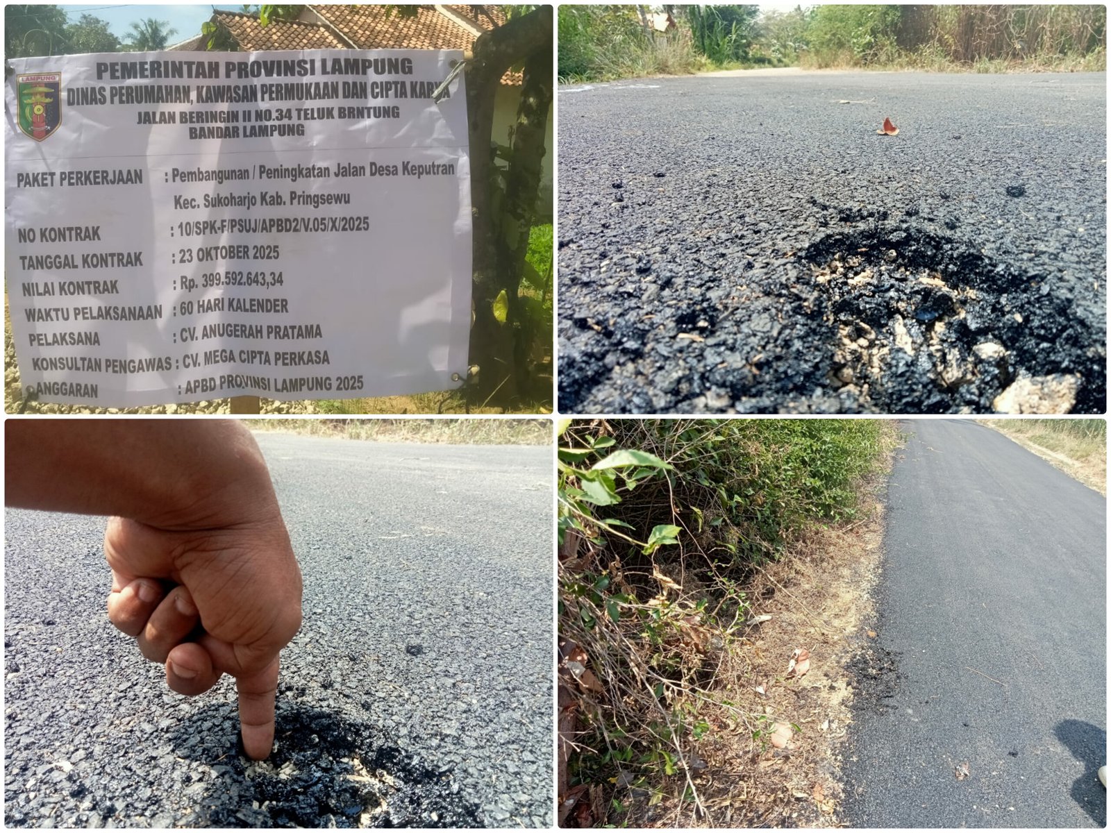 Dugaan Ketidaksesuaian Spesifikasi Proyek Jalan Latasir Pekon Keputran, Pringsewu – Anggaran APBD Provinsi Lampung 2025